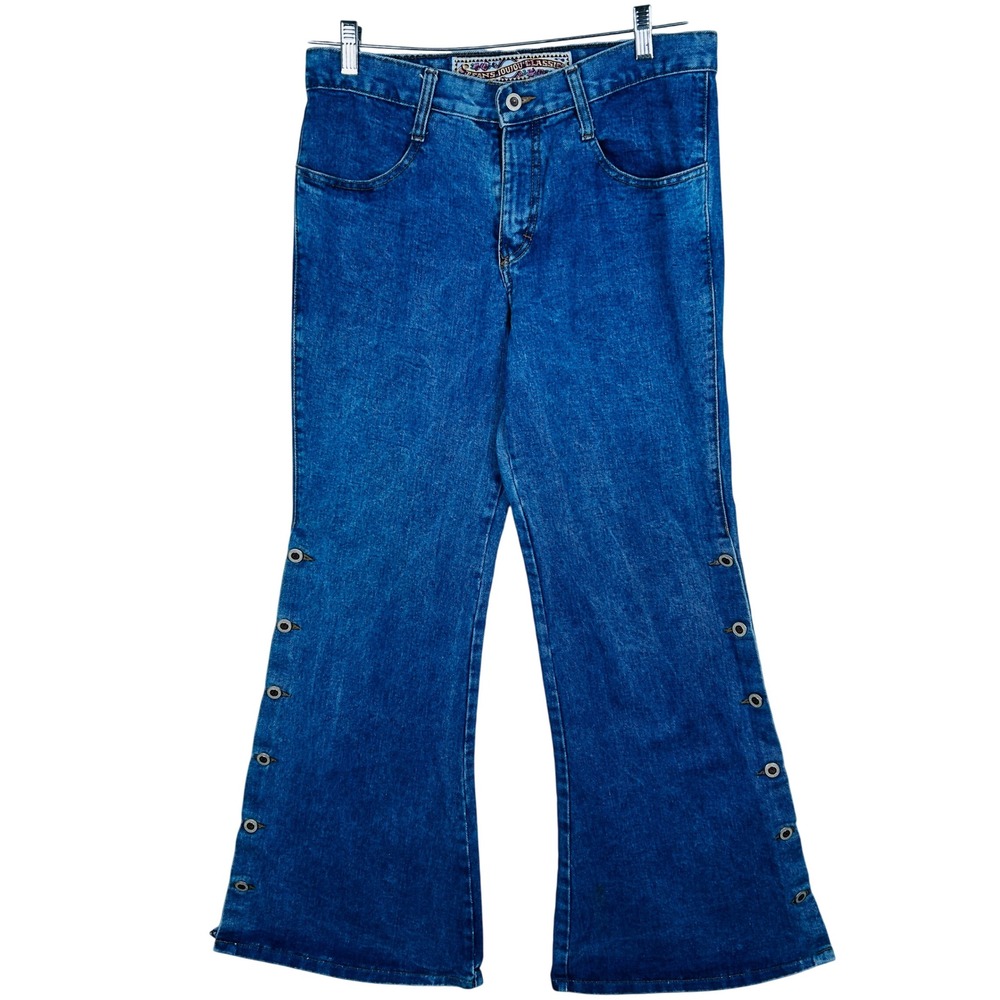 JouJou Jeans Blue Denim Bell bottom Womens 33 waist Button Detail High Rise - Picture 3 of 12
